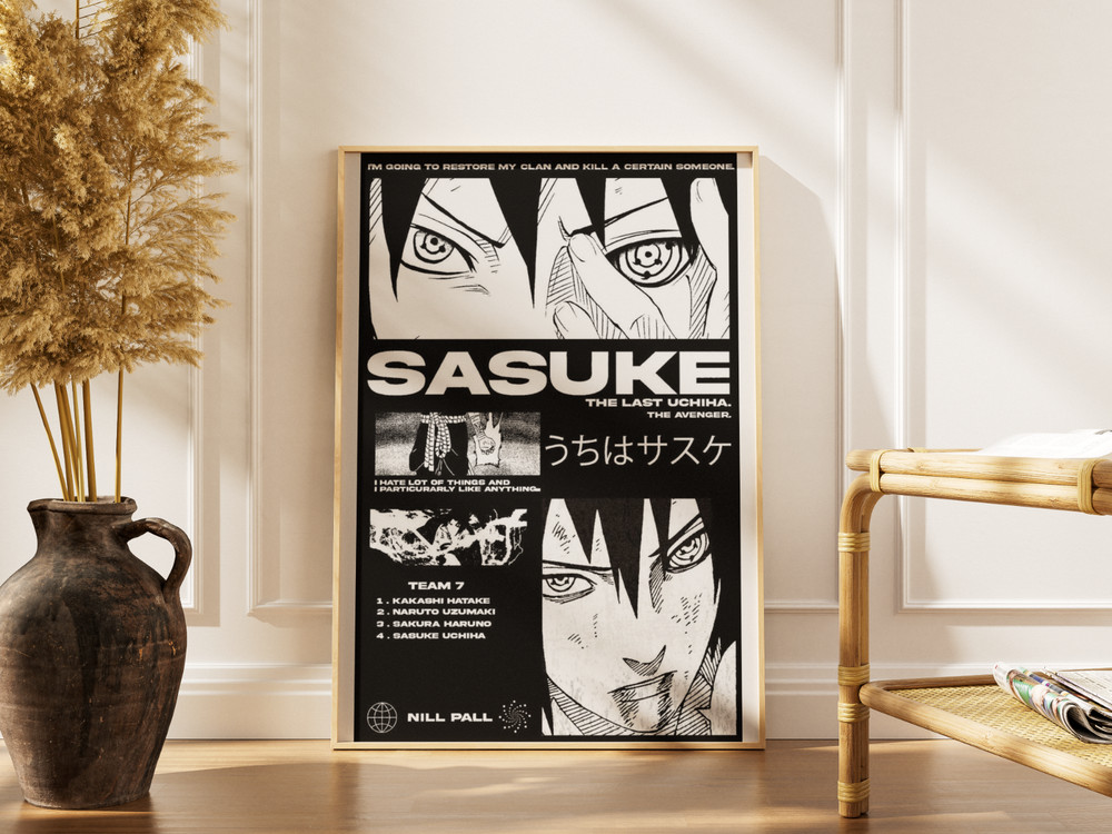 Sasuke Uchiha Poster Naruto Art Print Black White Manga Anime Wall Decor Art