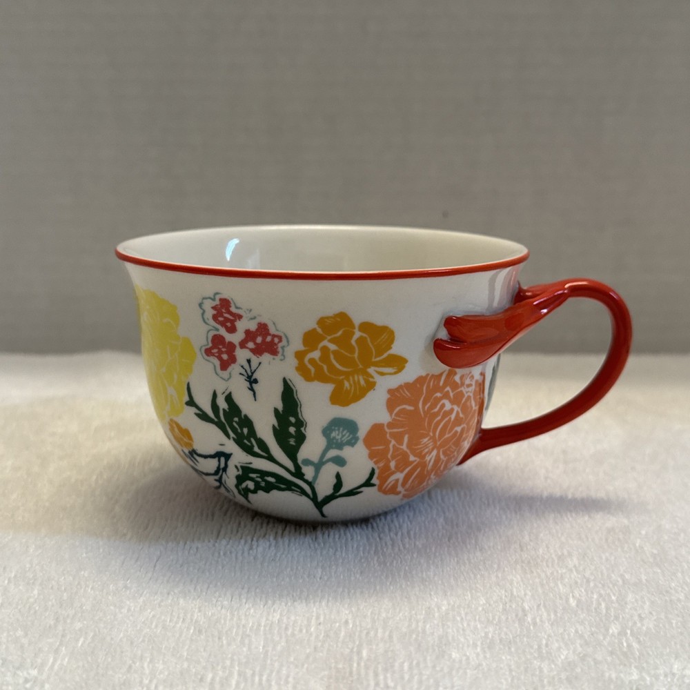 Anthropologie Coffee Cup Mug Floral Dragonfly Handle Tea Flowers Spring