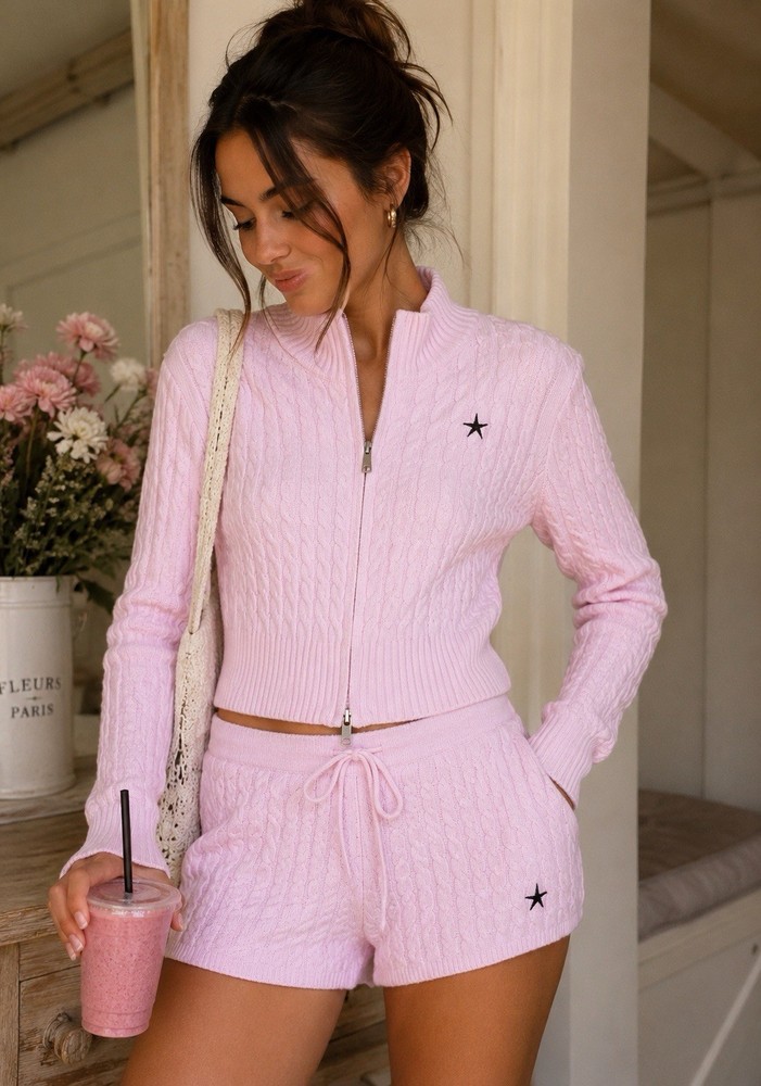 true Pink Cable-Knit 2-Piece Set Zip Sweater Mock Neck Stretch Shorts M