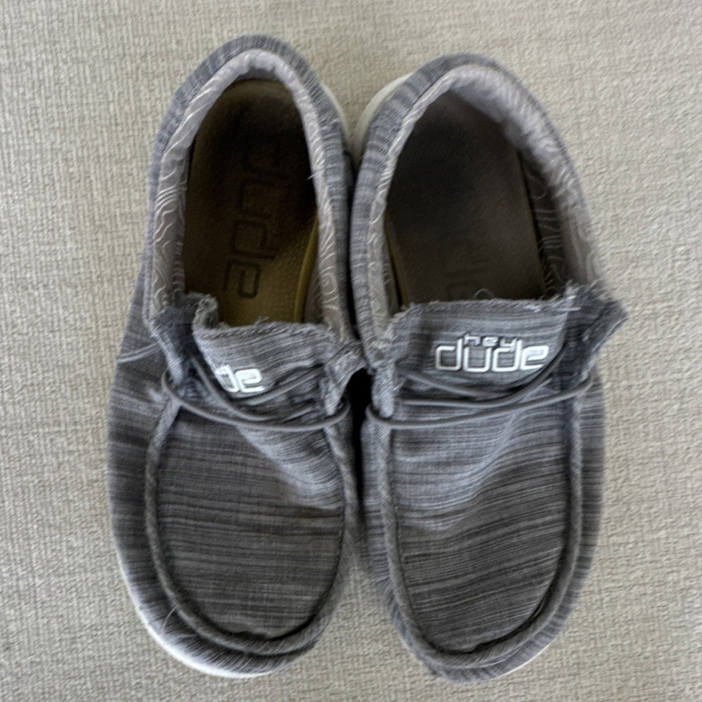 Hey Dude Men's Gray Striped Slip-On Casual Shoes Logo Cloth Upper US 6