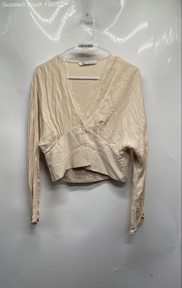 Zara Womens Beige Long Sleeve V-Neck Smocked Back Blouse Top Size XS