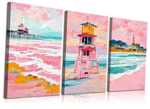 SUAXTCCR 3Pcs Pink Beach Boho Canvas Wall Art Preppy Coastal Wall Decor
