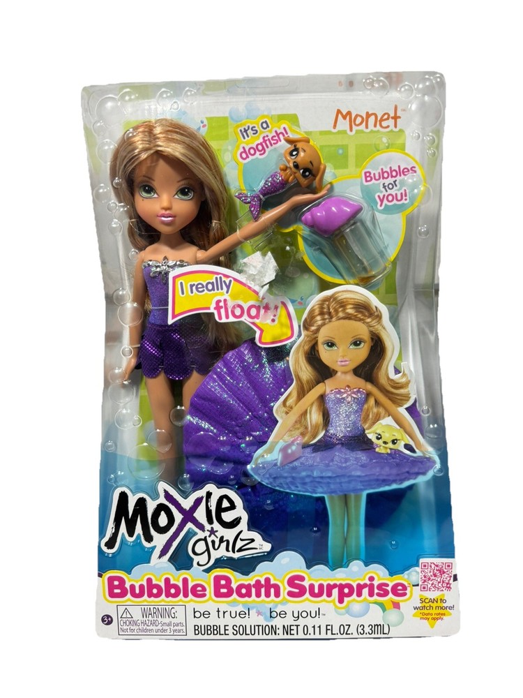 NEW Moxie Girlz MGA Monet With Dog Fish Bubble Bath Surprise Doll Purple 2014