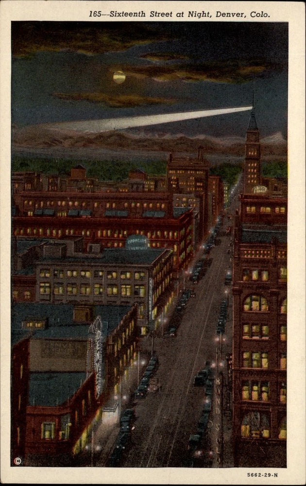 Sixteenth Street at night Denver Colorado full moon aerial view ~ 1930s postcard