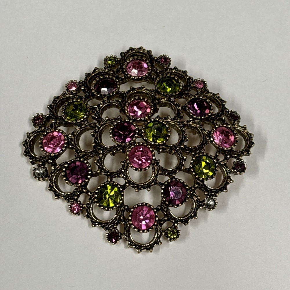 vintage sarah coventry brooch Rhinestones Filigree Large 2.5” Diamond