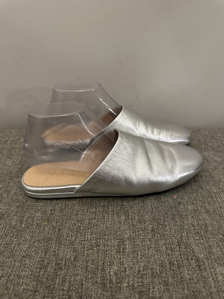 J Crew Women’s Silver Leather Slip On Mules Size 8
