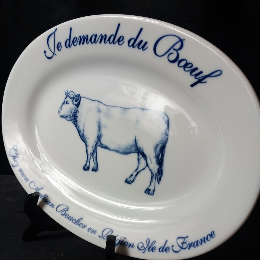 Williams Sonoma Je Demande Du Boeuf Steer Blue & White OVAL PLATTERS 12.25