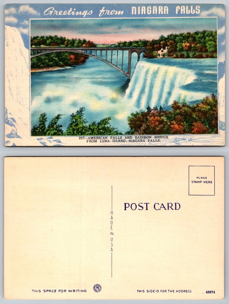 Greetings from Niagara Falls American Falls Rainbow Bridge Linen Postcard