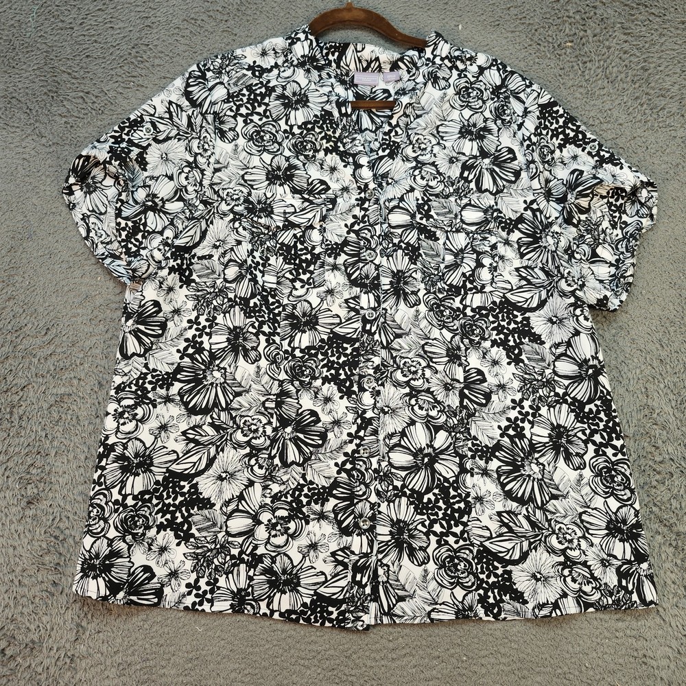 Laura Scott Shirt Womens 16 18W Black White Floral Button Up Short Sleeve Blouse