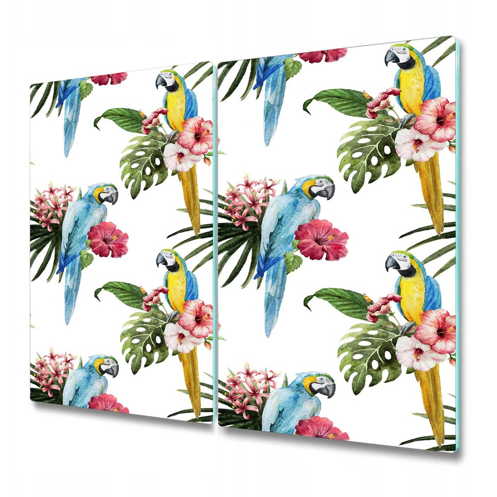 Glass Induction Ceramic Hob Cover Tropical Watercolour Parrots & Flowers 2x30x52