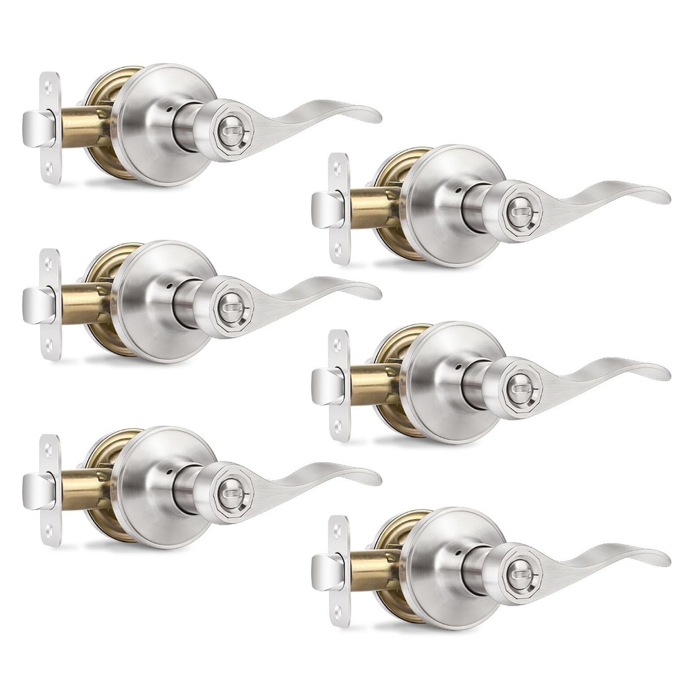 6 Pack Privacy Door Levers Brushed Nickel Door Handles, Wave Style Reversible...