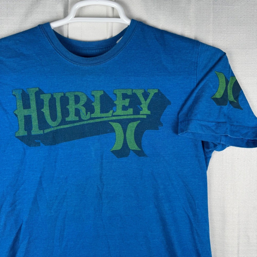 Hurley Mens Graphic T-Shirt Blue Heather Large Logo Short Sleeve Crewneck