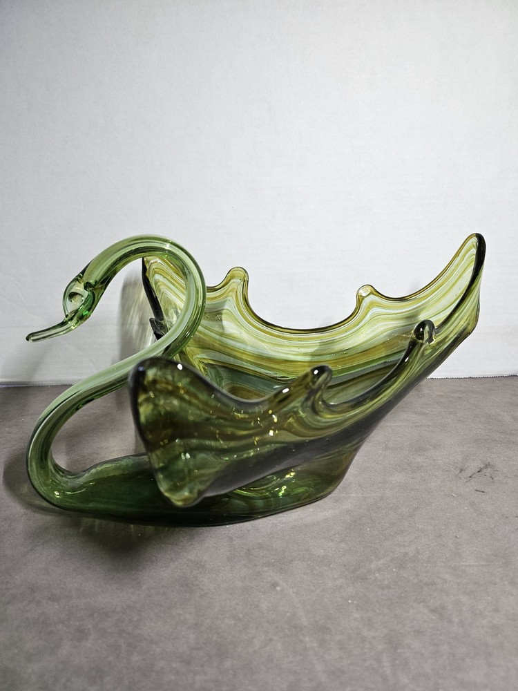 Vintage Hand-Blown Art Glass Swan Centerpiece Bowl – Green & Amber Slag/Swirl