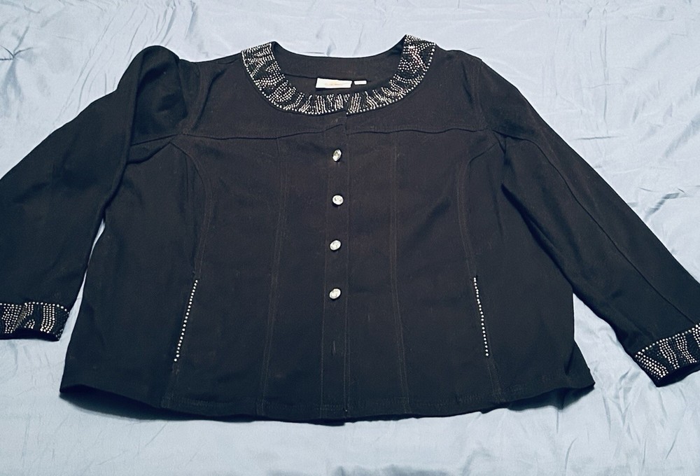 Quacker Factory Denim Jacket Womens Black Rhinestones Button Up size 1X