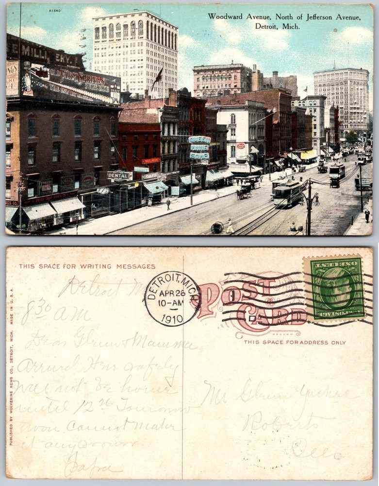 Woodward Avenue North Jefferson Avenue Detroit MI Postcard