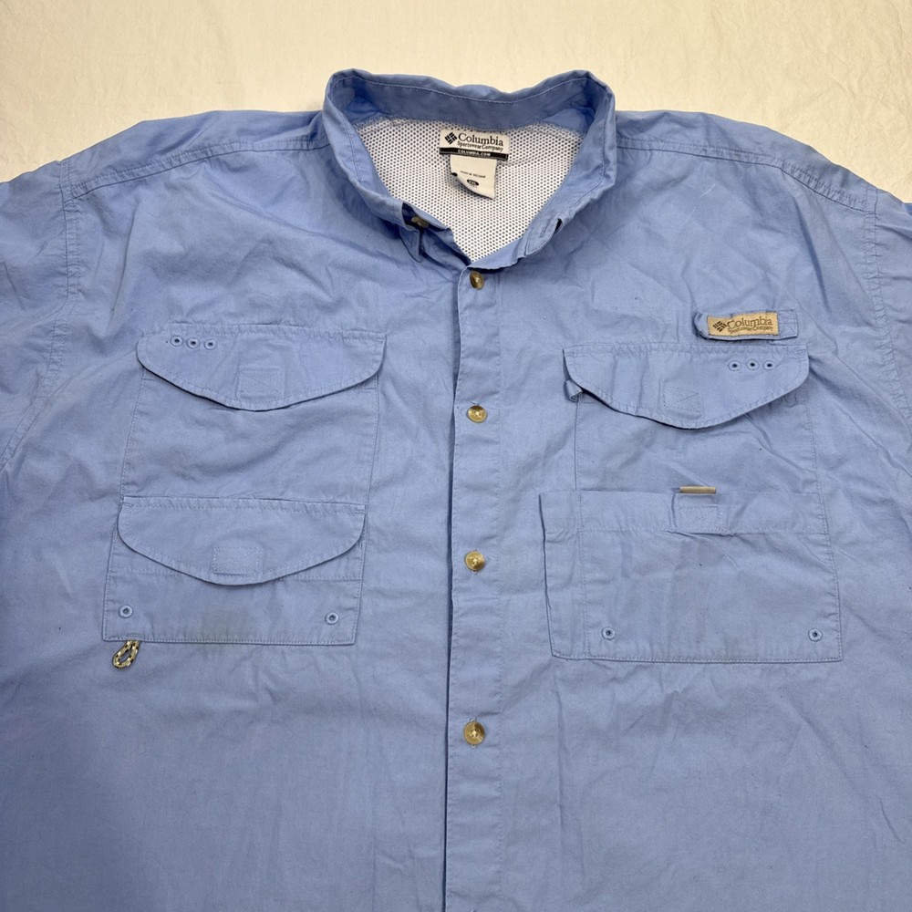 Columbia PFG Shirt Mens 2XL XXL Outdoor Vented Fishing Button Blue Short Sleeve
