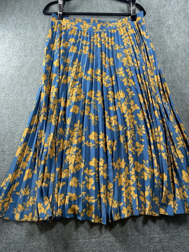 Skies Are Blue Pleated Floral Midi Skirt Elastic Waist Blue Yellow Size L