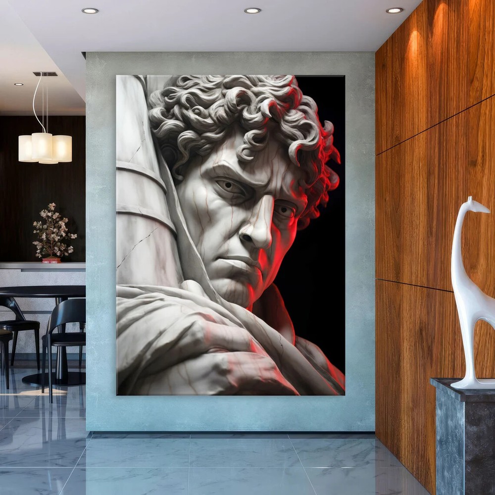 White Statue David in Black, Man Face Paint Wall Art Canvas Unframed Print Art