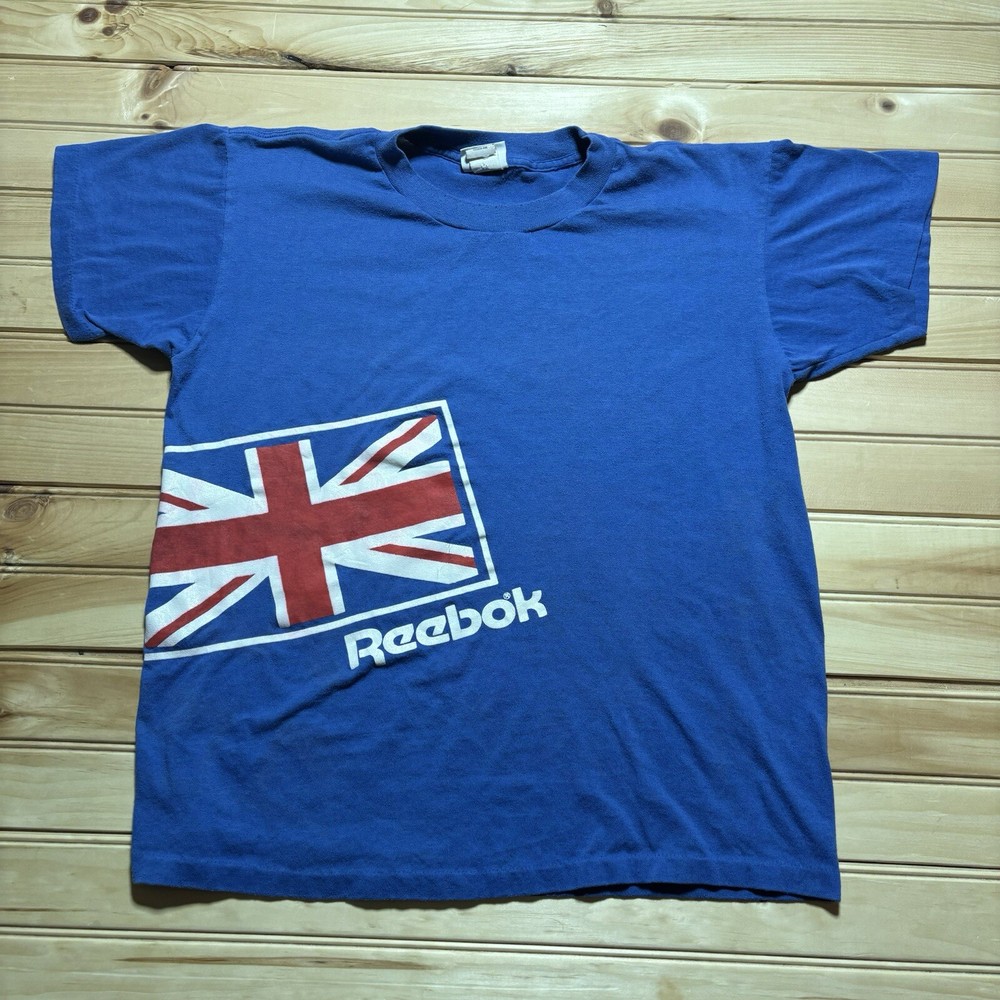 Vintage 80s Reebok Made In USA British Flag Single Stitch Shirt Size XL Blue