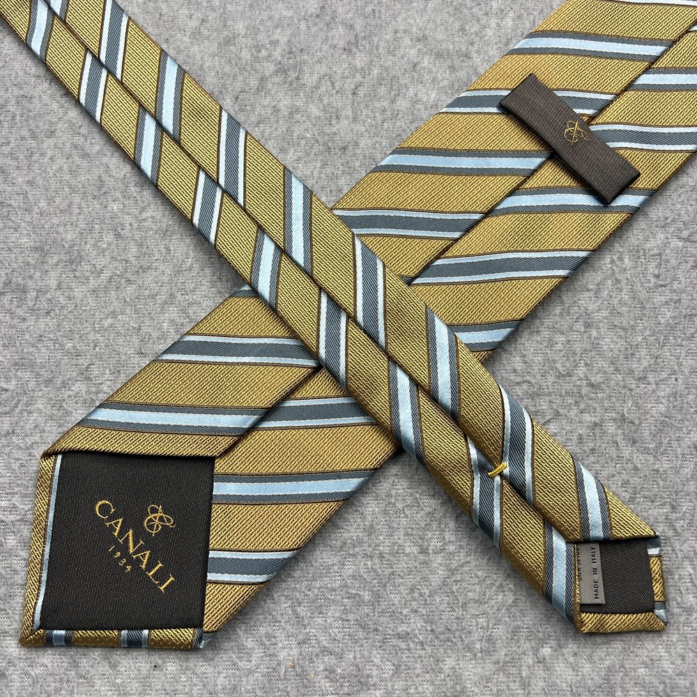 Canali 1934 Tie 100% Silk Necktie Gold/Blue Striped Made in Italy Luxury