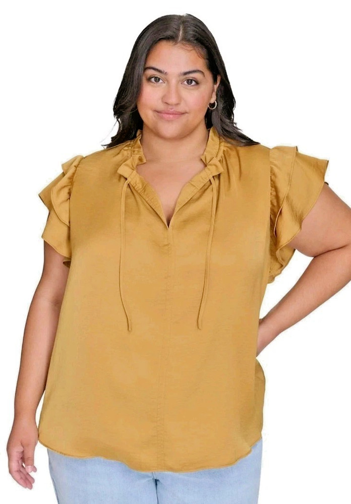 NWT DKNY Yellow Golden Moss Women's Size 2XL Satin Tie Front Ruffle Sleeve Top