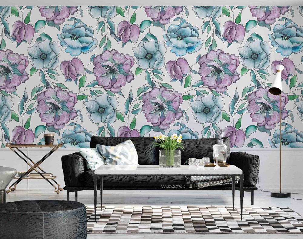 3D Watercolor Purple Green Floral Wall Murals Wallpaper Murals Wall Sticker