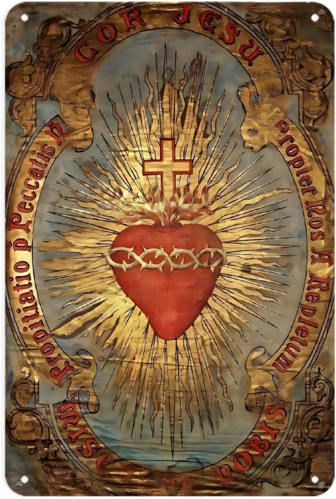 Sacred Heart of Jesus Vintage Religious Tin Metal Signs Print Aesthetic Room Dec