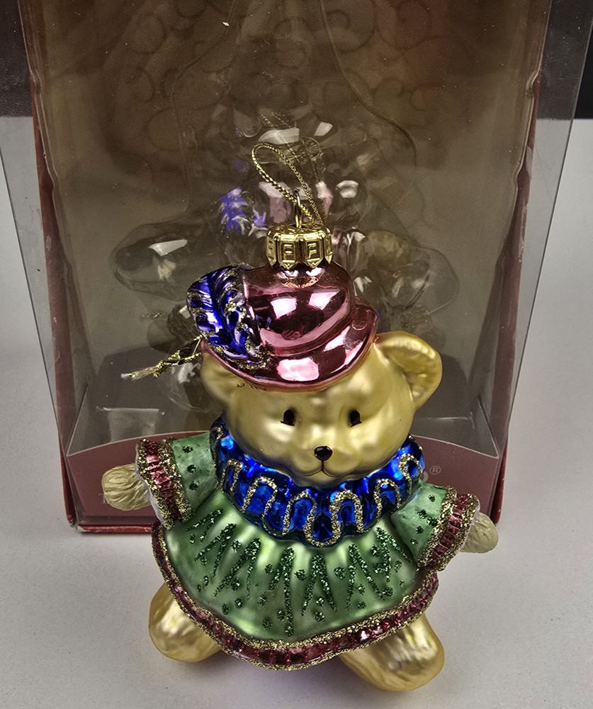 Vintage Fitz & Floyd Christmas Court BOY Teddy Bear Blown Glass Ornament Genuine