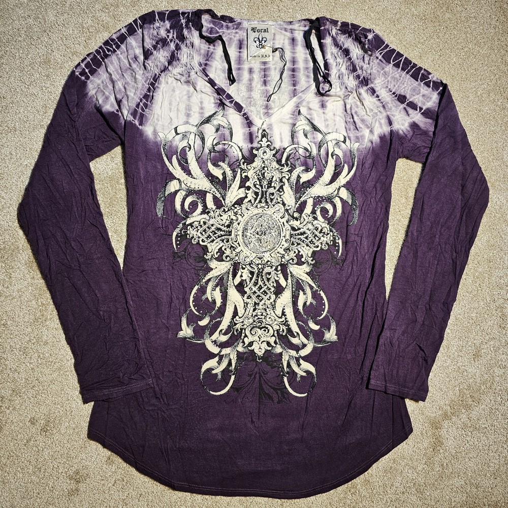 Vtg Y2k VOCAL Rhinestone Gothic Burnout Shirt Size L Fairy Grunge Cross